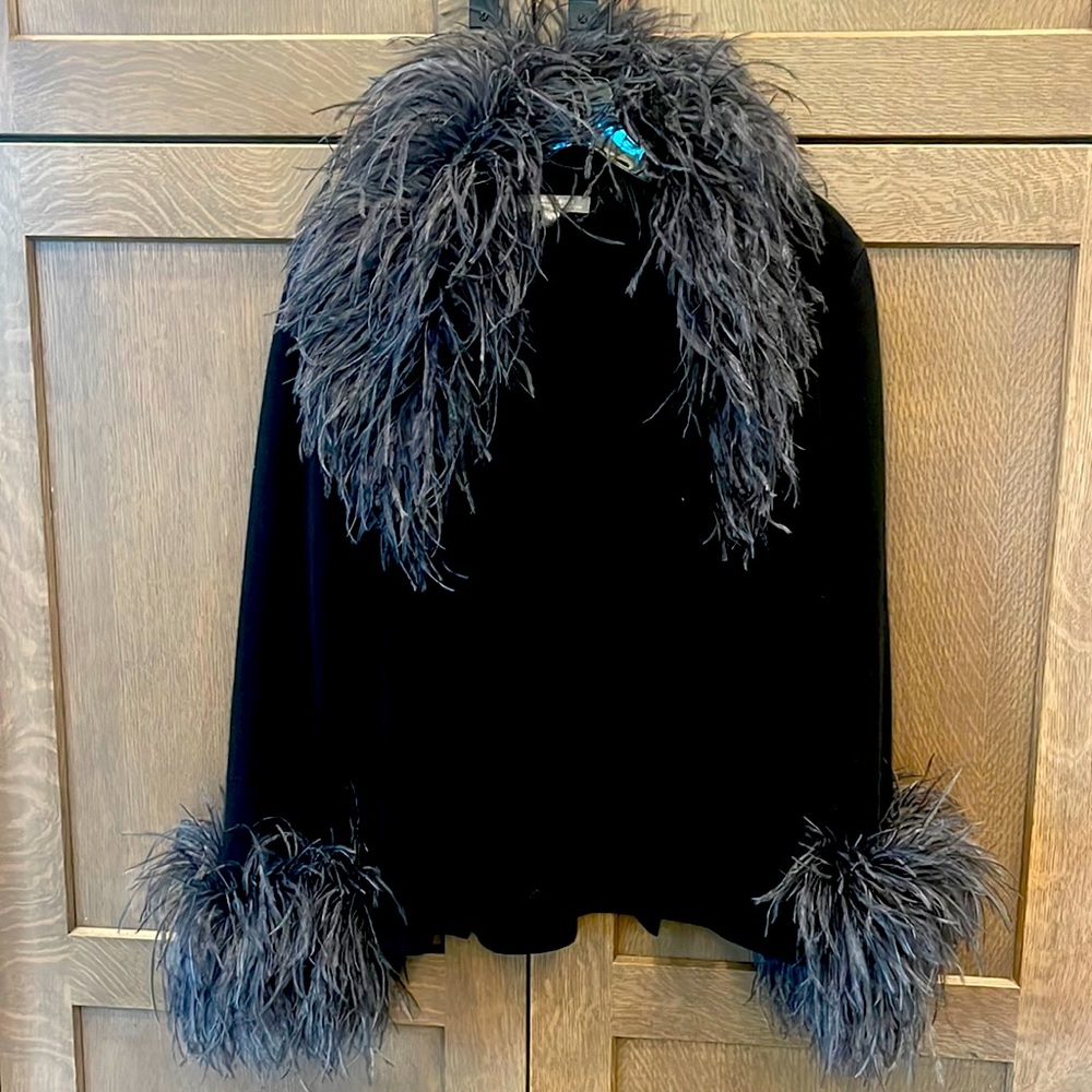 Newman Marcus Kazmire, short cardigan with ostrich feather trim